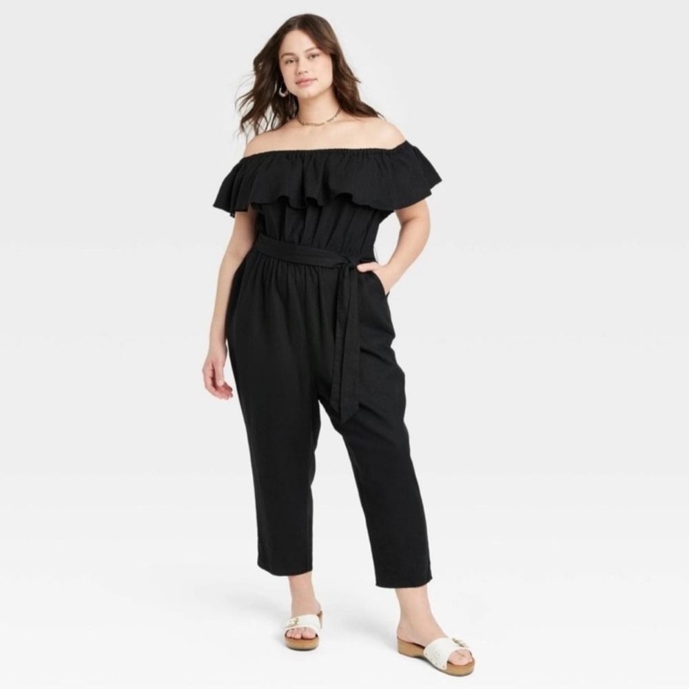 Women's Plus Size 4X Black Capri Jumpsuit with Ruffle Top Detail Off Shoulder
